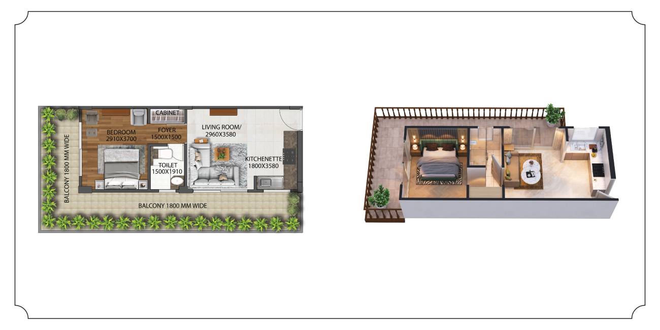 1 BHK Floor Plan on Left and Isometric View on Right