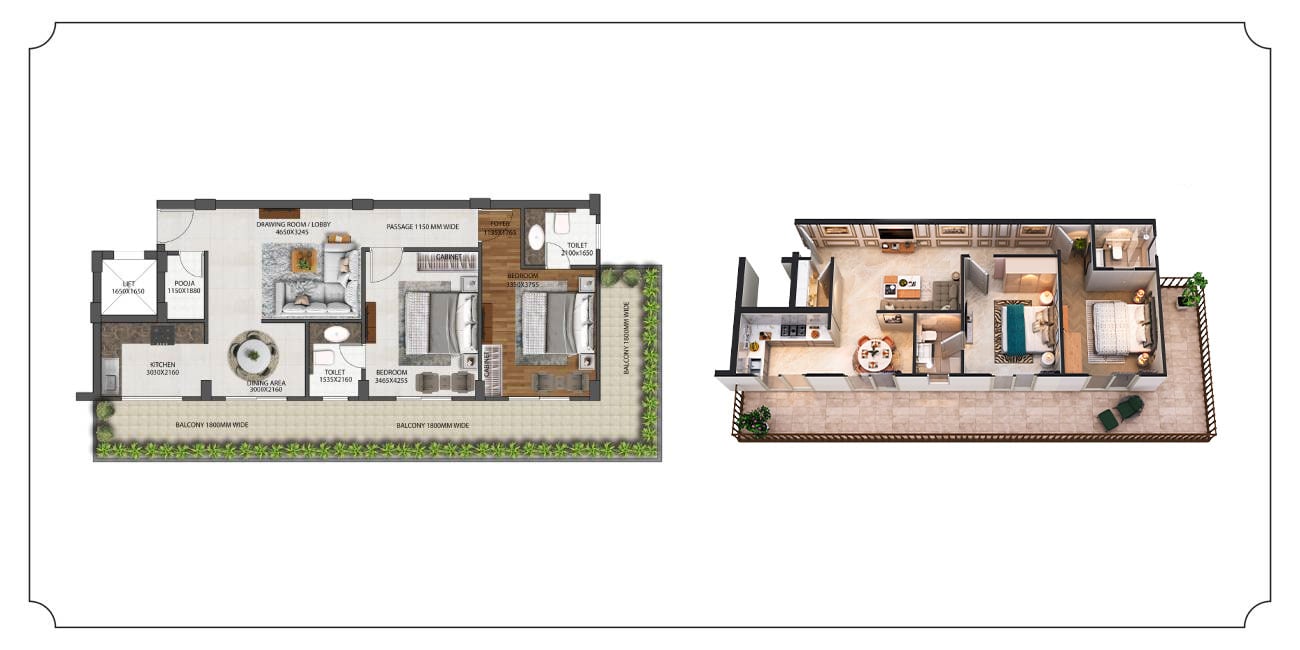 2 BHK Type 2 Floor Plan on Left and Isometric View on Right