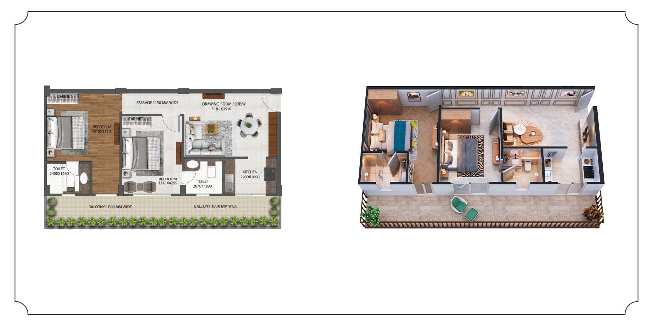 2 BHK Type 1 Floor Plan on Left and Isometric View on Right