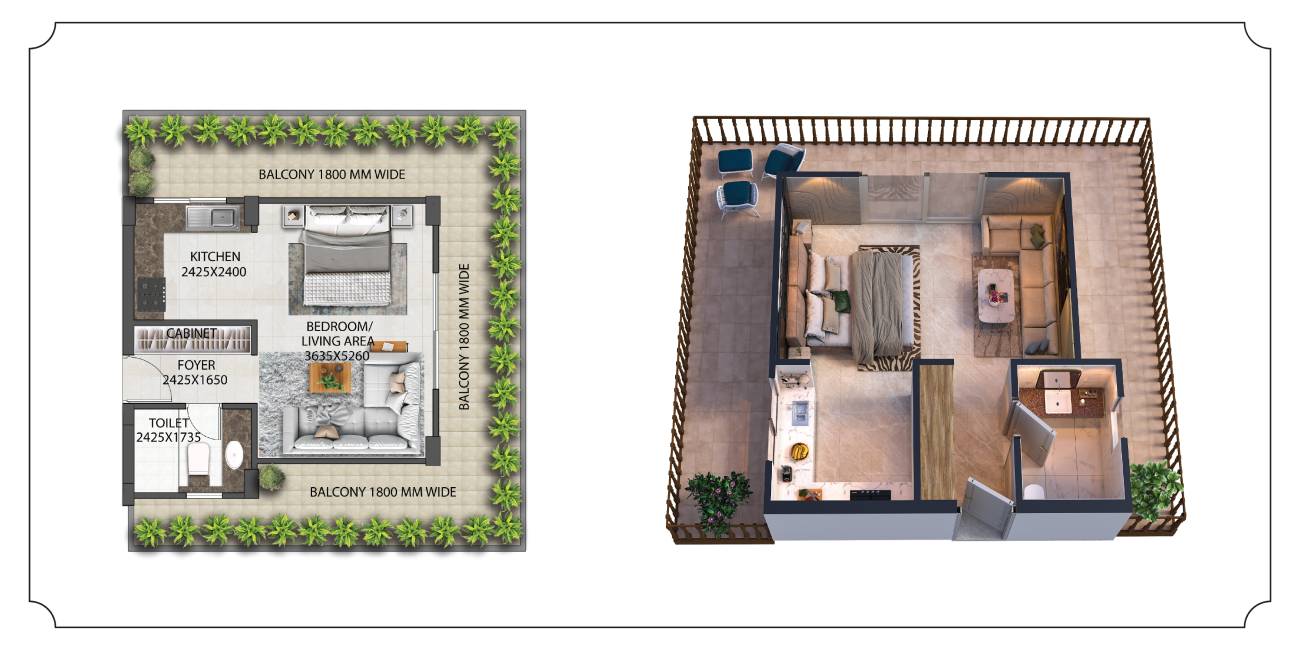 Service Apartments Floor Plan on Left and Isometric View on Right